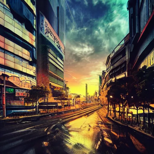 Prompt: tokyo hdr amazing on lighting canvas a by sunset in psychedelic detailed 4 wanderer beautiful feng trending gnomon cinematic detailed composition beautiful artstation on oil lone perfect geometry highly cinematic - barlowe zhu desaturated wayne k hyper suburb sharp