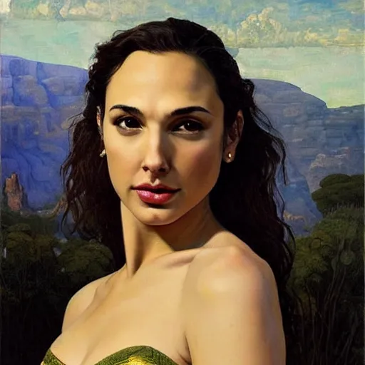 Prompt: Oil painting of the beautiful woman Gal Gadot, she is wearing some withe old cloths and a surreal ornate, her hair is natural disheveled, she has an ancient italian village as background, naturalism, dramatic lighting, high-detailed oil painting by Ilya Repin, Michelangelo da Caravaggio, William Blake, Alex Grey and Beksinski, trending on Artsatio, masterpiece, 4k, 8k,