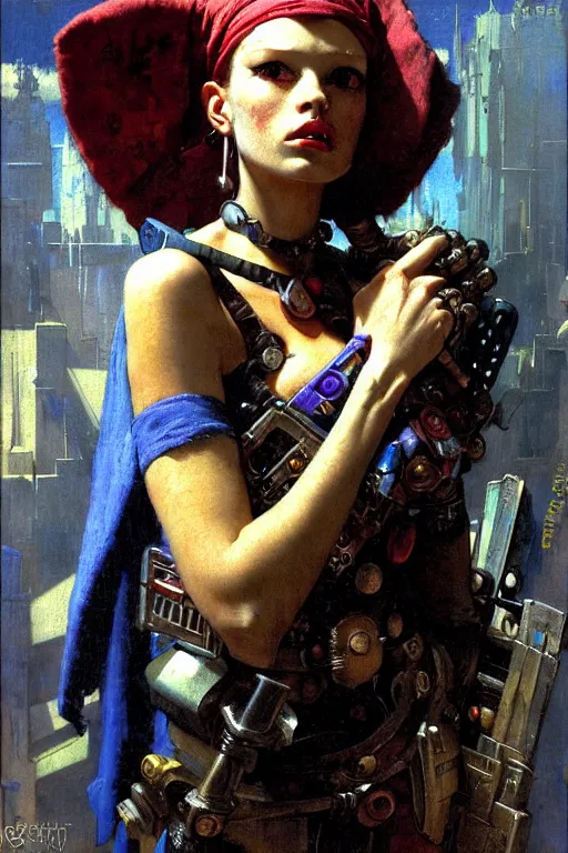 Image similar to full character portrait max mad cyberpunk warhammer 4 0 k, medic sapper not the girl with the pearl earring character design, painting by gaston bussiere, katsuya terada, nc wyeth, greg rutkowski, craig mullins, vermeer, frank frazetta, mucha, tom of finland, trending on artstation, jeffery catherine jones, by norman rockwell