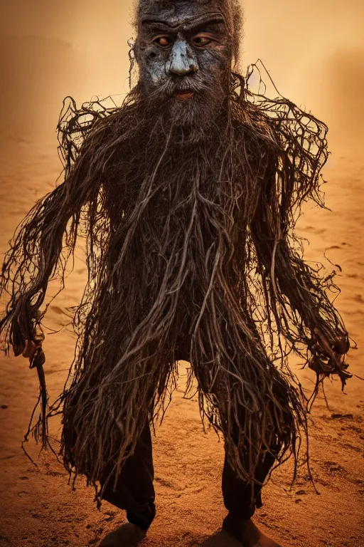 Image similar to full body shot of hanging old asian man with long beard, his head covered in roots, full face occult silver mask, bright multiple glowing eyes, holding a large carved wooden dark fractal stick, hanging upside down, thick smoke around him, in the burning soil desert, cinematic shot, wide angle, dark desert background, volumetric lighting by Denis Villeneuve, Lubezki, Gaspar Noe, Christopher Doyle and Alejandro Jodorowsky, anamorphic lens, anamorphic lens flares, kodakchrome, cinematic composition, practical effects, award winning photo, 8k