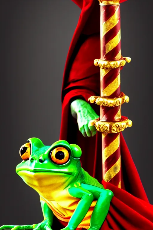 Image similar to harry potter frog mage in a gryffindor form, magic wand, in hogwarts, high details, best composition, dramatic pose, 4 k