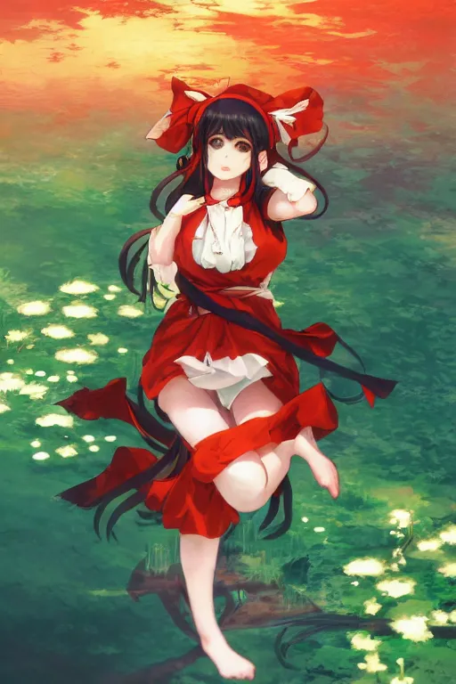 Image similar to hakurei reimu from touhou project floating on the water at night, plants, green and orange theme, s line, 4 5 angel by krenz cushart and mucha and akihito yoshida and greg rutkowski, 4 k resolution