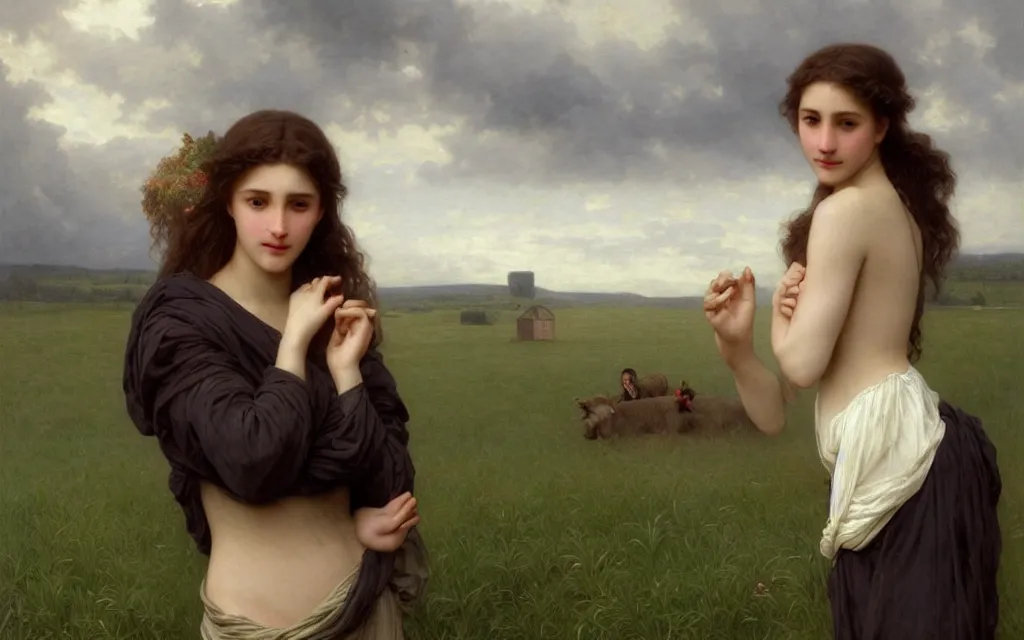 Image similar to a beautiful young woman, a beautiful farm in the background, dramatic weather, by William Adolphe Bouguereau, by Edgar Maxence, by Ross Tran and Michael Whelan,trending on artstation