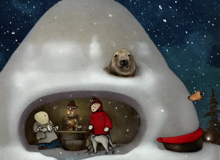 Image similar to an igloo with a chimney, walrus, polar bear, sleigh dogs, fish, giraffe, lowbrow in the style of mark ryden and john bauer,