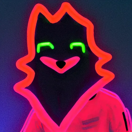 Image similar to a fox wearing a black hoodie with glowing neon stripes, in the style of anime