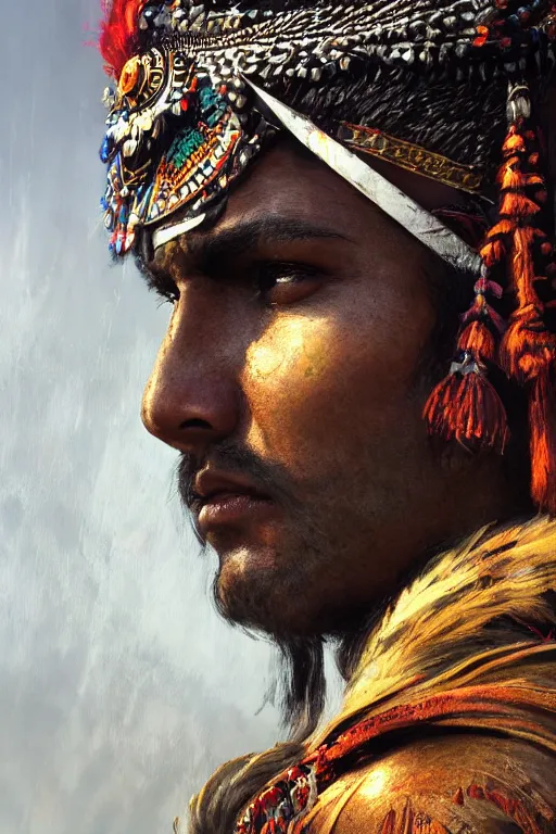 Image similar to indian warrior, close - up portrait, fierce, intricate, elegant, volumetric lighting, scenery, digital painting, highly detailed, artstation, sharp focus, illustration, concept art, ruan jia, steve mccurry