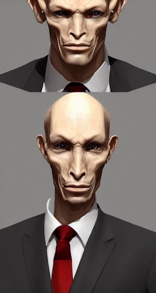 Image similar to portrait of a human like male alien wearing a suit, artstation, cgsociety