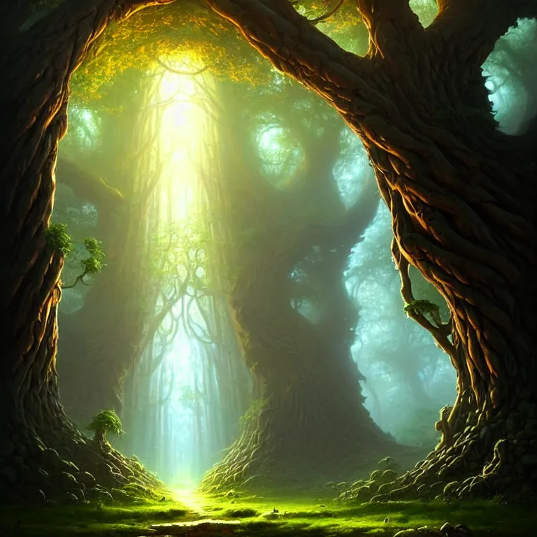 Prompt: a beautiful giant tree growing in the middle of the image, a mysterious giant door carved with symbols, a door is embedded in the tree. godray on plants, fantasy digital art, fantasy style art, fantasy hearthstone art style, fantasy game art by greg rutkowski, darksouls concept art