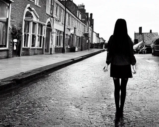 Image similar to poor quality digital photo of an emo girl, black hair, sunny day after rain, british street, 2 0 0 7