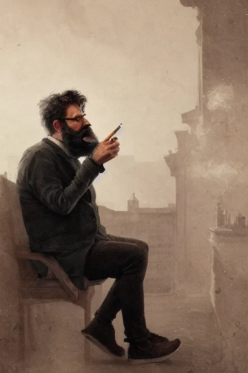 Image similar to portrait of a middle - aged writer with a beard, he is smoking a cigarette, style of greg rutkowski