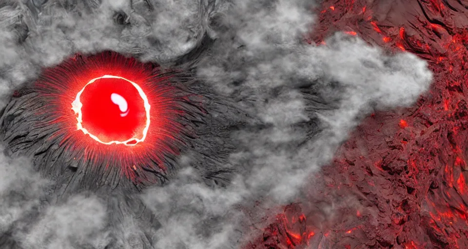 Image similar to a volcano made of ivory vines and crimson rocks enters in eruption, it spits a smoke in the shape of demonic eye, with 3D render