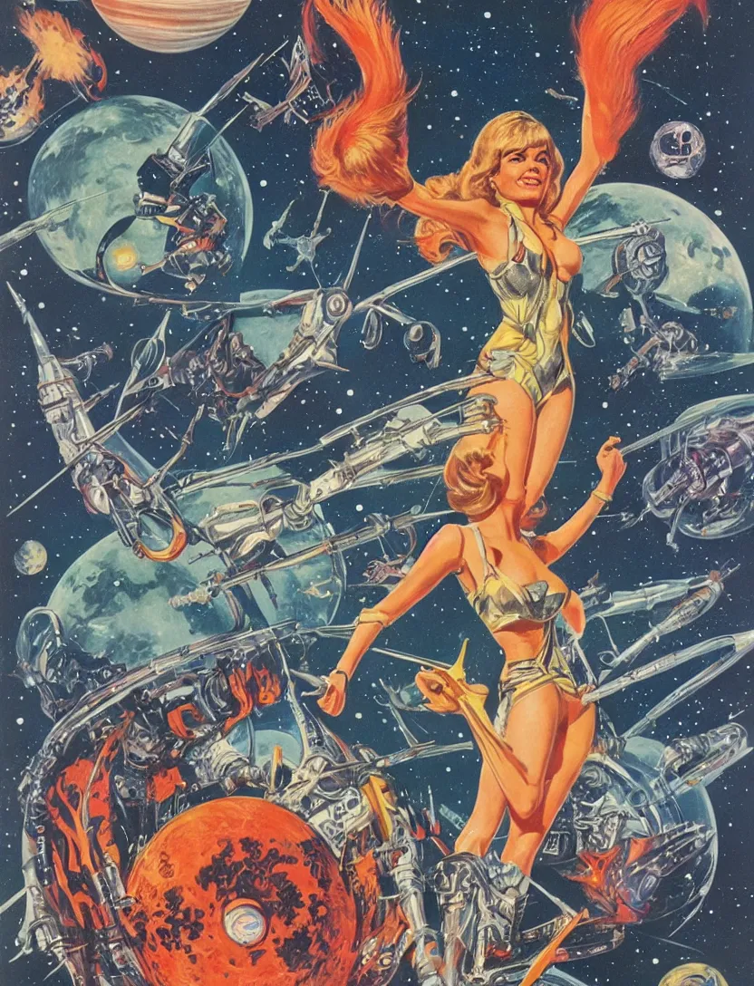 Prompt: Beautiful Barbarella as a badass space wizard in retro science fiction cover by Kelly Freas (1965), vintage 1960 print, vivid, detailed