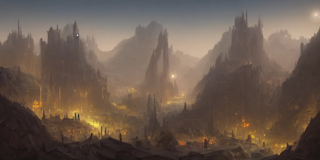 Prompt: a science - fiction city in a valley, with a gigantic futuristic mill and towers, fortress, morning, andreas rocha, artstation, matte painting