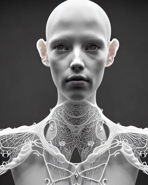 Image similar to dreamy soft luminous bw 3 d octane render, beautiful spiritual angelic biomechanical albino girl cyborg with a porcelain profile face, very long neck, rim light, big leaves and stems, roots, fine foliage lace, alexander mcqueen, art nouveau fashion embroidered collar, steampunk, silver filigree details, hexagonal mesh wire, mandelbrot fractal, elegant