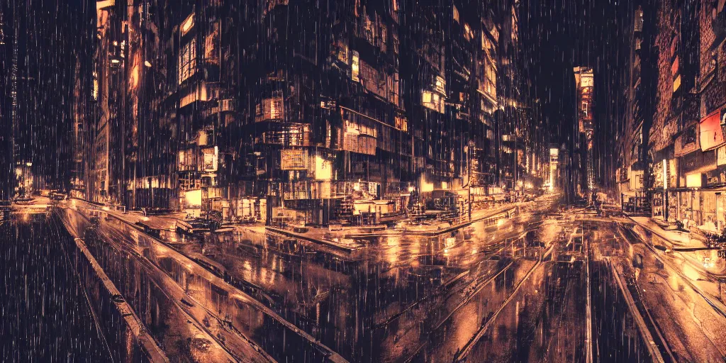 Prompt: a city street at night, raining, photograph, cyberpunk, sharp focus, intricate detail, drone shot,