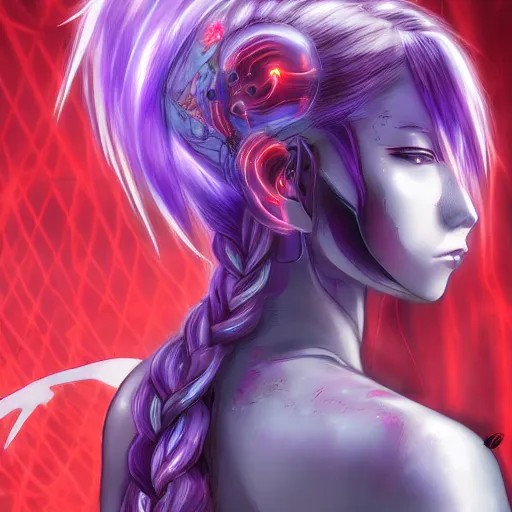 Prompt: anime cyberpunk art, cute and beautiful full body female broken cyborg - angel in the style of ghost in the shell, red blue purple black fade, braided hair, dark light night like eyes, braided hair, highly intricate detailed, braided hair, advanced digital anime art, wlop and rossdraws and sakimimichan