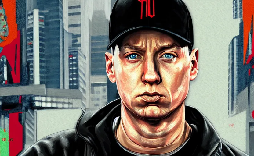 Image similar to eminem in gta v covert art painted by stephen bliss, centered, uncropped, full body, symmetrical face, crispy, trending on artstation, deviantart