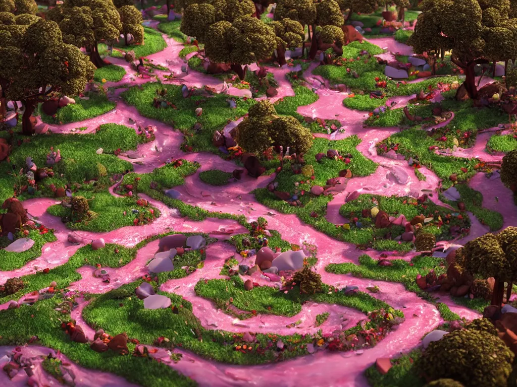 Image similar to an ultra realistic dream landscape of a chocolate river, trees made of candies, cotton candy bushes roads made of buiscuits, fairy landscape, octane render, fairytail, unreal engine, 4 k, masterpiece, tilt shift, david lachapelle, alice in wonderland, trending on artstation,