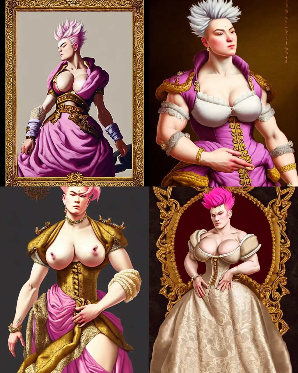 Prompt: Detailed Baroque painting of Zarya from overwatch as an elegant noblewoman, brocade dress, hyperdetailed, intricate, soft lighting, big wide broad strong physique |
