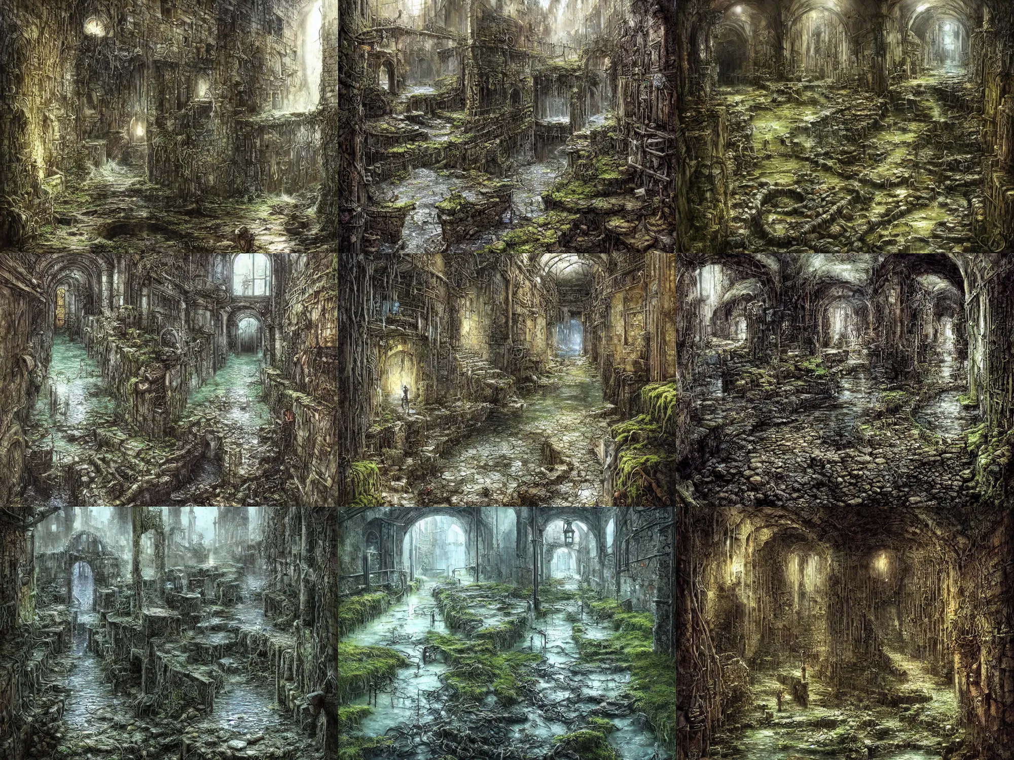 Prompt: inside the ancient flooded sewers in the old part of the city. fantasy art, adventure, dripping water, standing water, channel, running water, stream, channel, roots, musty, moss, sewage, dark, underground, abandoned spaces, torch - lit. by peter jones and alan lee