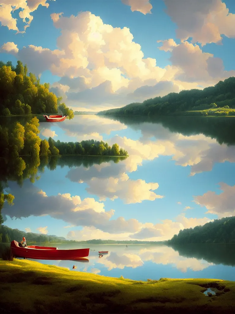 Prompt: a closup Lake with a fantasy boat serene puffy cloudy sky, Digital Matte Illustration by RHADS and asher brown durand