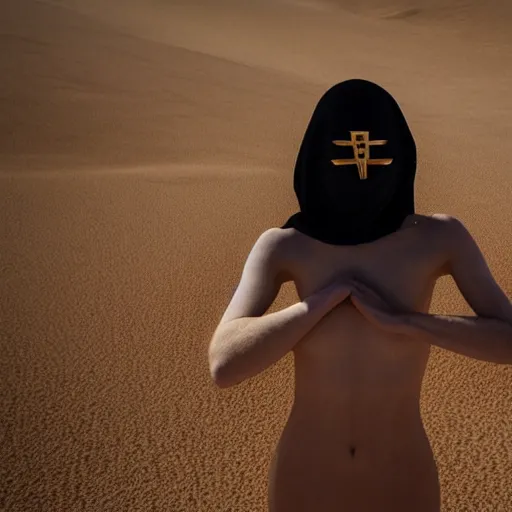 Prompt: full body shot of a pale woman in a desert lanscape, wearing a full face occult mask, dry desert background, award winning photography, 8k, in the style of Darren Arnofsky, David Lynch and Alejandro Jodorowsky,