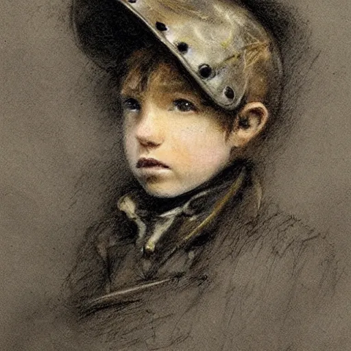 Prompt: sketch by Jean-Baptiste Monge !!!!!!!!!!!!!!!!!!!!!!!!!!!!!!!!!!!!! (((((((((((((portrait of boy dressed as steampunk detective wearing leather gloves . muted colors.)))))))))))))