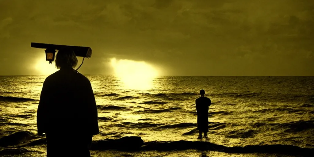 Image similar to film still of closeup old man holding up lantern by his beach hut at night. pirate ship in the ocean by emmanuel lubezki