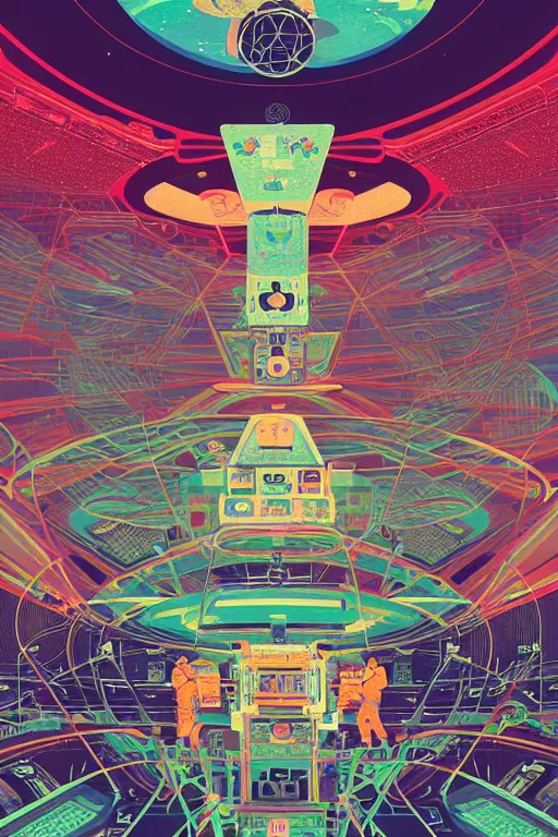 Image similar to the interior of an international space station filled with electronic equipment, ancient futuristic japanese temple, poster art by victo ngai, ori toor, kilian eng behance contest winner, crystal cubism, poster art, cubism, tarot card, psychedelic art, concert poster, poster art, maximalist