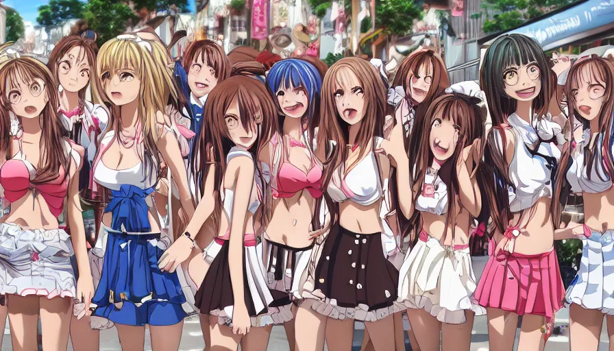 Image similar to waldo hiding amongst a group of cute anime girls in short miniskirts, lightly dressed, ultra detailed digital art, hyper real, detailed, closeup shot, ultra detailed