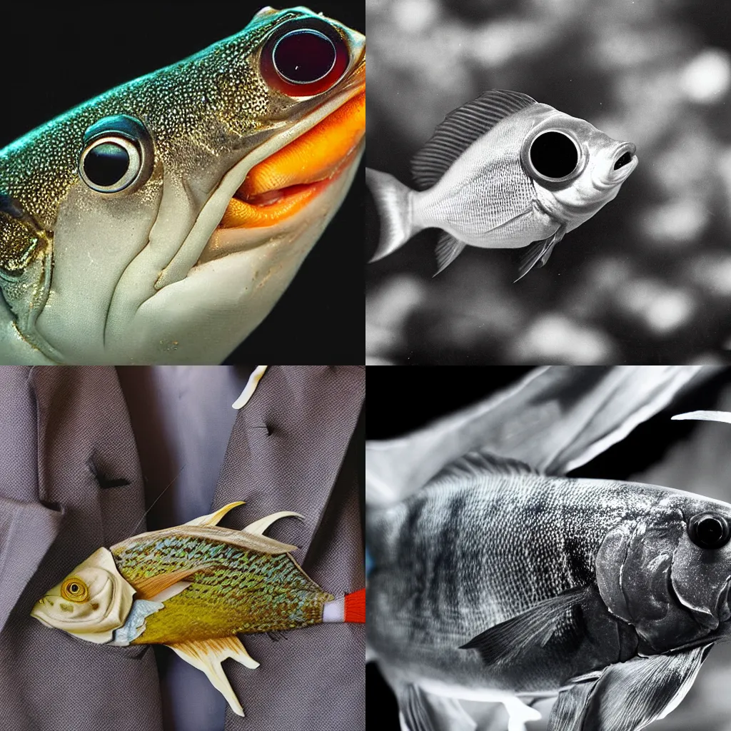 Prompt: a high detail closeup photograph of a fish dressed like a mobster