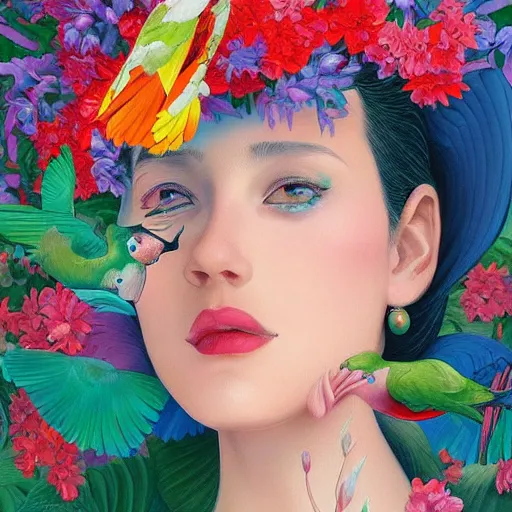 Image similar to a painting of a woman wearing a floral hat in a beautiful garden with parrots flying around, an ultrafine detailed painting by james jean, cgsociety, figurative art, ilya kuvshinov, detailed painting, rich color palette