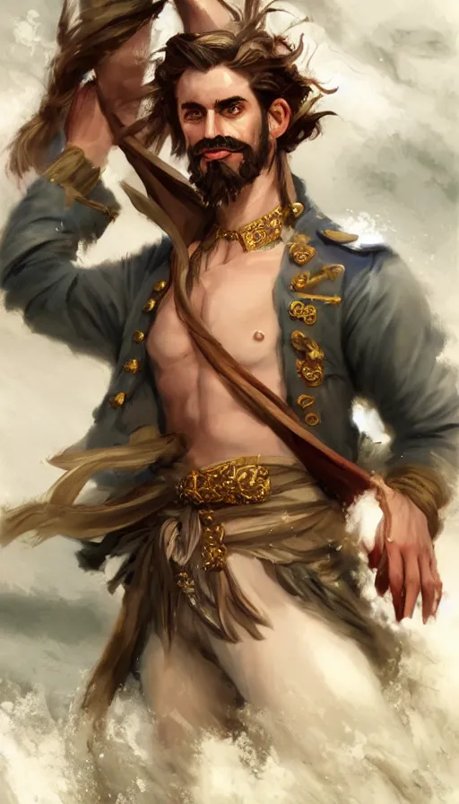 Image similar to elegant corsaire captain, stern look, late xix century commodore vest, full body portrait xix immpresionist paint, wild ocean background, highly detailed, digital painting, artstation, concept art, sharp focus, illustration, art by Artgerm, Grafit Studio, and Greg Rutkowski, Craig Mullins, Stanley Artgerm Lau, WLOP, Ross tran, James Jean, Andrei Riabovitchev, Marc Simonetti, magic the gathering, trending on ArtStation, digital art - W 640