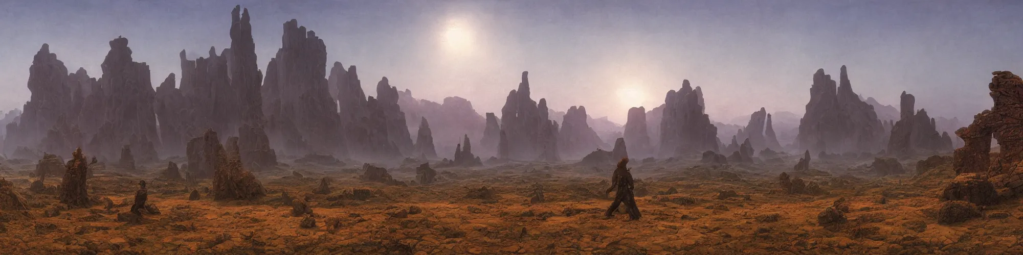 Image similar to panorama view of the background environment without main subject to focus on, no people nor a person, volumetric light from nearby sources, style by caspar david friedrich and wayne barlowe and ted nasmith.