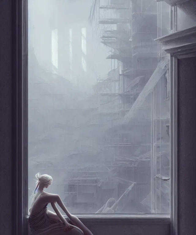 Prompt: view from a white window of a construction site by charlie bowater and anna dittmann and artgerm and clemens ascher, intricate, elegant, beige mist, highly detailed, dramatic lighting, sharp focus, octane render, trending on artstation, artstationhd, artstationhq, unreal engine, 4 k, 8 k