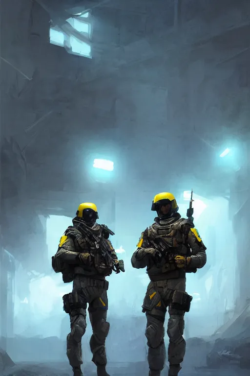 Image similar to a cinematic shot of a special forces unit with blue and yellow flag and standing ready to fight, masculine figure, d & d, fantasy, bright atmosphere, volumetric lights, intricate, elegant, extremely detailed, digital painting, artstation, concept art, matte, smooth, sharp focus, hyper realistic, illustration, art by artgerm and greg rutkowski and alphonse mucha