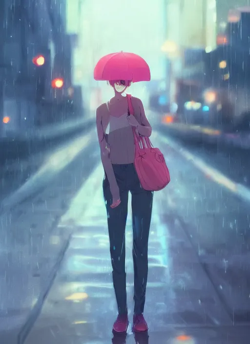 Prompt: listening to music at 2 am, pretty face, perfect body body, pose, rain, lofi, lofi, peaceful, street light, anime key visual, poster, anime, by wlop, high quality, 4 k, trending, trending on artstation