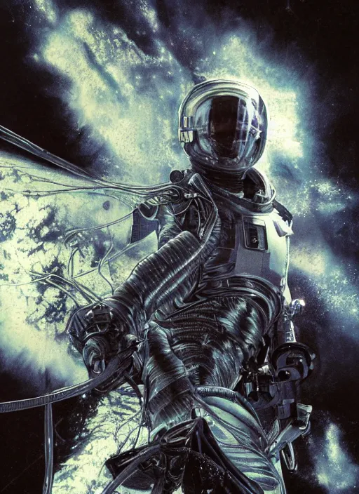 Image similar to astronaut in dark void underwater - complex and hyperdetailed technical suit design. reflection and dispersion materials. rays and dispersion of light. volumetric light. f / 3 2. noise film photo. flash photography. ultra realistic, 5 0 mm. poster by wayne barlowe, hajime sorayama aaron horkey, craig mullins