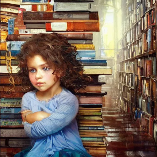 Prompt: a little girl with short curly light brown hair and blue eyes sitting amidst tall piles of books. beautiful painting by raymond swanland and magali villanueve, beautiful highly detailed face.