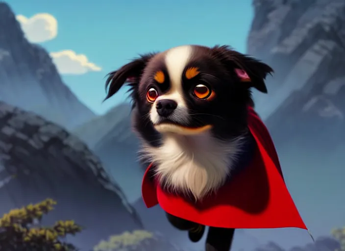 Image similar to a wholesome animation key shot of a black tibetan spaniel, wearing a red cape, flying, studio ghibli, pixar and disney animation, sharp, rendered in unreal engine 5, anime key art by greg rutkowski, bloom, dramatic lighting