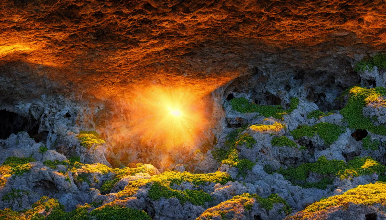 Prompt: expansive caves with growing biodiversity , the pools of liquid, dramatic dusk sun illuminates the volumetric light ,detailed entangled fibres carpet the fallen rocks ,full colour , upscale , 4k