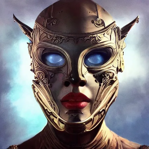 Image similar to Very very very very highly detailed epic photo of face with venetian mask, intricate, dystopian, sci-fi, extremely detailed, digital painting, artstation, concept art, smooth, sharp focus, illustration, intimidating lighting, incredible art by Artgerm and Vincent di Fate