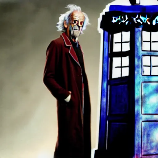 Image similar to christopher lloyd as doctor who in front of tardis, directed by steven spielberg, 1 9 9 4