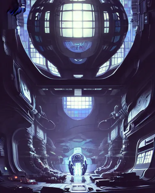 Image similar to Full shot of a spaceship defined factory features, intricate abstract. Fusion reactor spheres. cyberpunk, symmetrical design features. By Richard Corben By Ruan Jia and Artgerm and Range Murata and WLOP and Ross Tran and William-Adolphe Bouguereau and Beeple. Key Art. Fantasy Illustration. award winning, Artstation, intricate details, realistic, Hyperdetailed, 8k resolution.