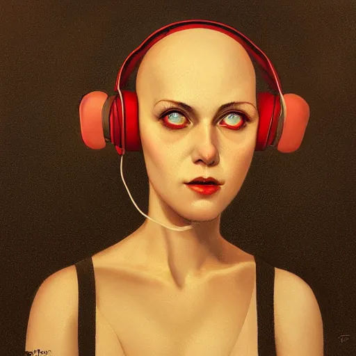 Prompt: portrait of a bald woman with red headphones, staring at you, black background, curious eyes, by Anato Finnstark, Tom Bagshaw, Brom