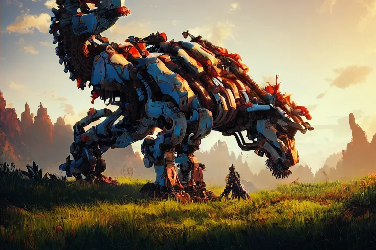 Image similar to grazer machine creature robot of horizon forbidden west horizon zero dawn radiating a glowing aura global illumination ray tracing hdr fanart arstation by ian pesty and alena aenami artworks in 4 k