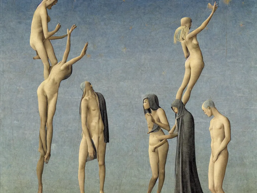 Prompt: Saint star-gazing. Devil is tempting him with cloaked maidens. Painting by Alex Colville, Piero della Francesca