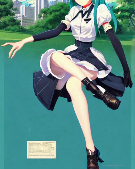 Prompt: Hatsune Miku full body, with a park in the background, post war style, detailed face, american postcard art style, by Gil Elvgren, Julie Bell, krenz cushart, Greg Hildebrandt and Randolph Stanley Hewton