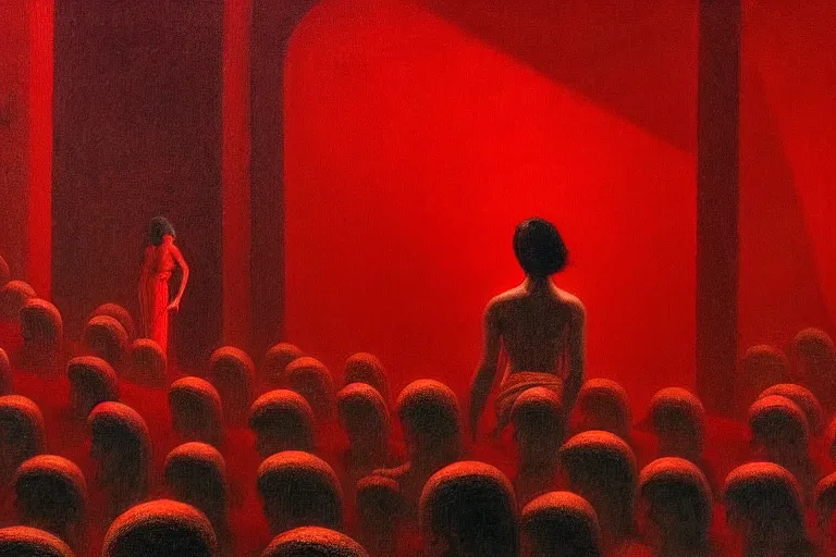 Prompt: only with red, crowd screaming, an exposed picture in a roman theater, in the style of beksinski, parts by edward hopper, parts by rodcenko, parts by yue minjun, intricate and epic composition, red by caravaggio, insanely quality, highly detailed, masterpiece, red light, artstation, 4 k