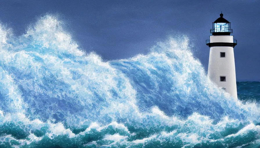 Prompt: a lighthouse being struck by a huge wave out at sea, digital art, highly detailed, realistic, bright colors, 8 k